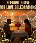 Couple dining by the ocean at sunset with glowing lights, celebrating love. Elegant glow for romantic settings.