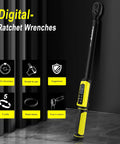 Digital ratchet wrench on display with features, showcasing measurement accuracy and ease of use.