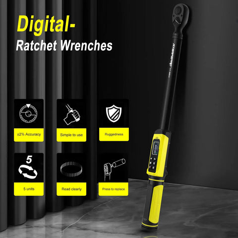 Digital ratchet wrench on display with features, showcasing measurement accuracy and ease of use.