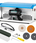 Heavy Duty 800W Jewelry Polishing Machine features bulletproof iron build, wide base, and various accessories for polishing tasks.