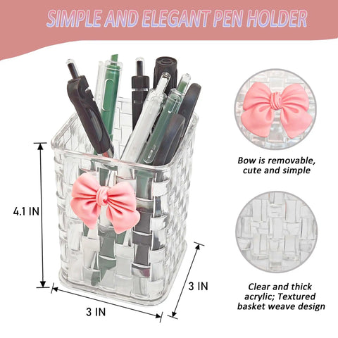 Clear White Acrylic Desk Pen And Makeup Brush Holder With Woven Texture Bow Accent, 4.1x3x3 inches, with pens inside