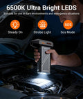 Hand using Beastly Turbo Cordless Air Duster 150000RPM Power with SOS LED light under car hood