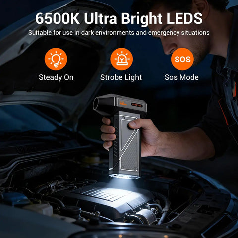 Hand using Beastly Turbo Cordless Air Duster 150000RPM Power with SOS LED light under car hood