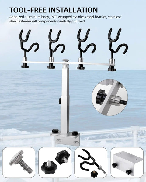Crappie Rod Holder System For Boat Track Mount Four Rod Adjustable Spider Rig Setup Built With 316 Stainless Steel And Marine Aluminum Durable Track Compatible Design Fits Most Standard Track Systems. Four-rod track mount with tool-free install and adjustable holders