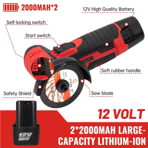 Ultra Fast Mini Cordless Angle Grinder 19500 RPM With Dual Batteries, 76mm Handheld Cutter with safety shield and soft handle