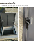 Tough As Nails Roof Hatch Cover With Beefy Hydraulic Lift Supports And Rust Resistant Aluminum Steel Dark Grey Flat Access Panel showing lockable handle for secure closure.