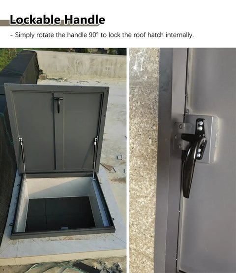 Tough As Nails Roof Hatch Cover With Beefy Hydraulic Lift Supports And Rust Resistant Aluminum Steel Dark Grey Flat Access Panel showing lockable handle for secure closure.