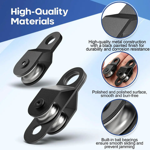 Top Shelf Heavy Duty Black Pulley Block System Featuring Single And Double Wheels, No Sweat Rope Replacement For Farm Gates Garage Lifts And Towing Gear - close-up of polished metal pulleys with black finish.