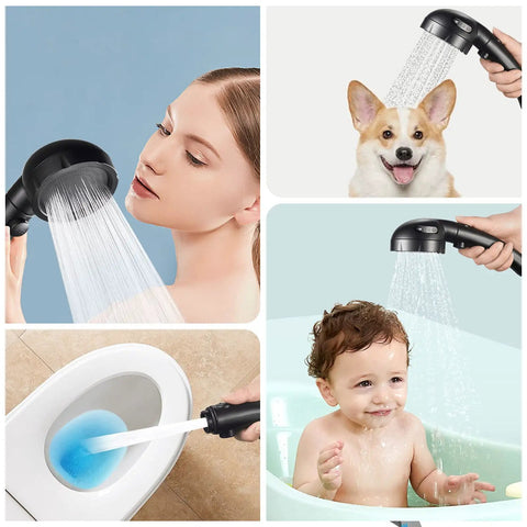 Collage showing High Pressure Handheld Shower Head With On Off Pause Button Detachable Design 3 Spray Modes Massager in various uses.