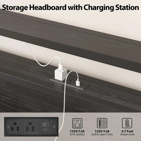 Queen Size Bed Frame With Built In Storage Headboard And Glow Up LED Lighting Featuring Dope Integrated Charging Hub With UL Certified Outlets Usb Type C Ports For Your Fresh Night Owl Bedroom Setup Black storage headboard with charging station, showing 2 AC outlets and USB port.