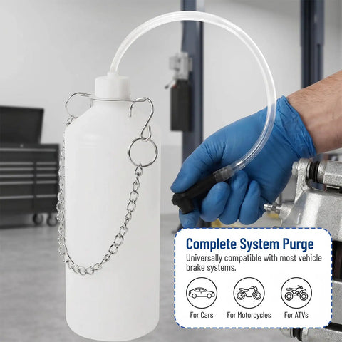 Shop Grade Heavy Duty Brake Bleeder Kit With 1L Vacuum Collection Bottle and 19.7 Inch Flexible Hose, universal fit for vehicles.