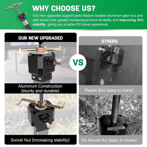 Comparison of Beefy Heavy Duty RV Slide Out Stabilizer Jacks 13 To 26 Inch Electric Drill Adjustable 2 Pack showing upgraded features.