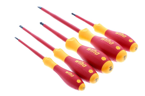 Five Piece 1000 Volt Insulated Slotted And Phillips Screwdriver Set With SoftFinish Cushioned Grips Pro Electrician Grade Individually Tested To 10000 V AC For Safer Live Wiring