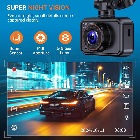 Super night vision feature of Front And Rear Dash Cam 2.5K Dual Car Camera With 2560x1440 Front And 1080P Rear Night Vision 2 Inch IPS Display