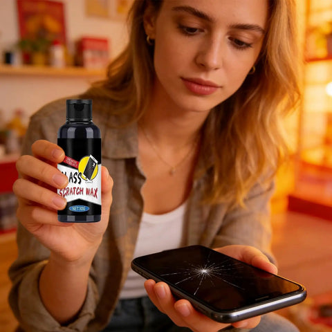 Woman holding Phone Screen Scratch Repair Liquid For Quick Fix And Restoration with cracked screen in the background