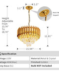 Gold Finish Modern Luxury Crystal Pendant Light Chandelier with adjustable height, round flush mount, glass prisms, E12 x 4 bulbs not included