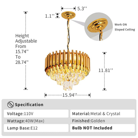 Gold Finish Modern Luxury Crystal Pendant Light Chandelier with adjustable height, round flush mount, glass prisms, E12 x 4 bulbs not included