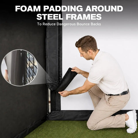 Person adjusting foam padding on steel frame of All In One 10x8ft Golf Simulator Enclosure With Hitting Net HD Impact Screen