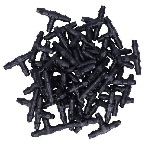 Pile of Drip Irrigation Tee Connectors Kit For 4/7 Inch Hose, 100 Pack Garden Fittings, Micro Sprinkler Connectors