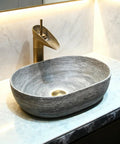 Vintage Ceramic Vessel Sink for Bathroom Vanity, Retro Chinese-Style Above Counter Vanity Sink for Home, Balcony or Hotel Bathroom Decor (Small) on a marble counter with a gold faucet.