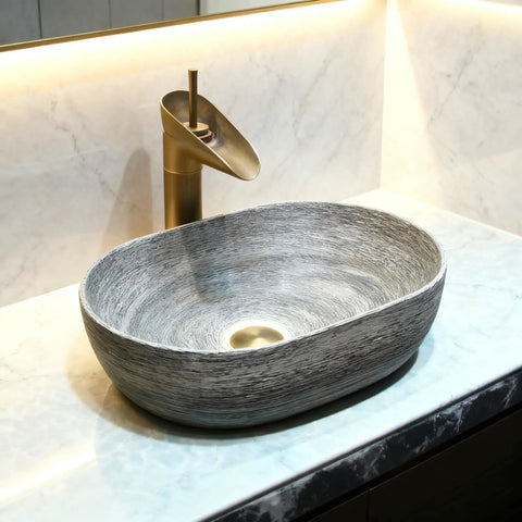 Vintage Ceramic Vessel Sink for Bathroom Vanity, Retro Chinese-Style Above Counter Vanity Sink for Home, Balcony or Hotel Bathroom Decor (Small) on a marble counter with a gold faucet.