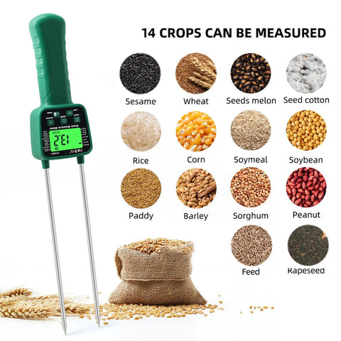 Portable Grain Moisture Meter With LCD Display And Dual Steel Probes, High Precision Hay Moisture Tester For Rice Wheat Corn And 14 Other Crops, Voice Broadcast Alerts, User Friendly And Ergonomic Anti Slip Handle showing 14 crop types