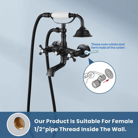 Wall Mount Bathtub Faucet With Telephone Handheld Sprayer, Dual Hot And Cold Mixer, Cross Handles, Oil Rubbed Bronze detail.