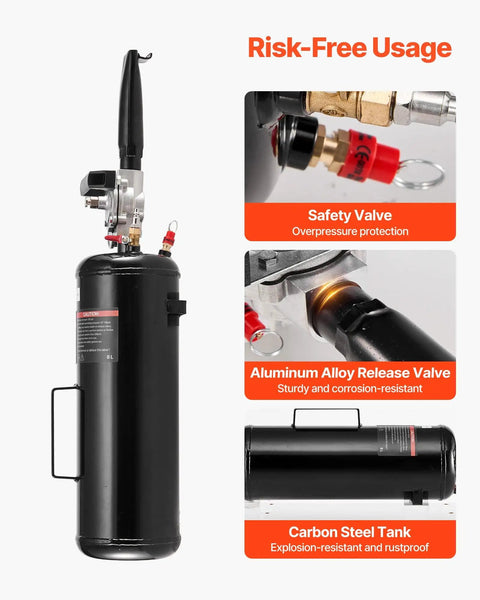 Portable Tire Bead Seater And Air Bead Blaster On The Go, 2.1 Gal Tank, showing safety valve, aluminum release valve, carbon steel tank