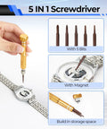 5-in-1 screwdriver from 192 Piece Watch Repair Kit Heavy Duty Tool Set With Link Remover Battery Replacement Tools Back Remover Openers Pins Tweezers Hammer Anti Magnetic Screwdrivers PU Leather Case DIY Pro Kit And User Manual shown in use for watch repairs.