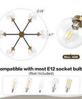Top view of Six Light Sputnik Chandelier Pendant Light With 4.7 Inch Glass Globe Shades, showing dimensions and bulb compatibility