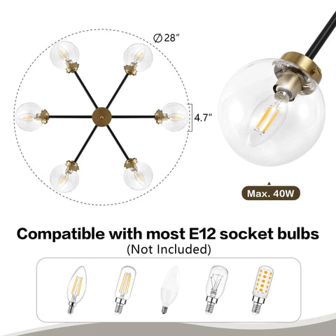 Top view of Six Light Sputnik Chandelier Pendant Light With 4.7 Inch Glass Globe Shades, showing dimensions and bulb compatibility