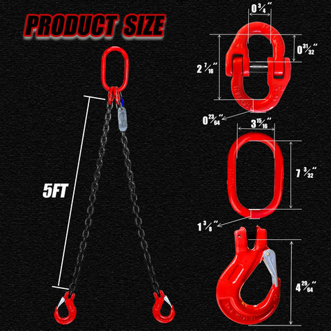 Heavy Duty Double Leg Chain Sling With Grab Hooks, 5 Foot Length And Five Sixteenth Inch Chain, Lifting Up To Three Tons, G80 Alloy