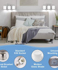 Three Bulb Over Mirror Bathroom Vanity Light In Brushed Nickel Finish Rustproof Wall Sconce Perfect For Wet Locations above a bed with modern decor.