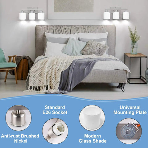 Three Bulb Over Mirror Bathroom Vanity Light In Brushed Nickel Finish Rustproof Wall Sconce Perfect For Wet Locations above a bed with modern decor.