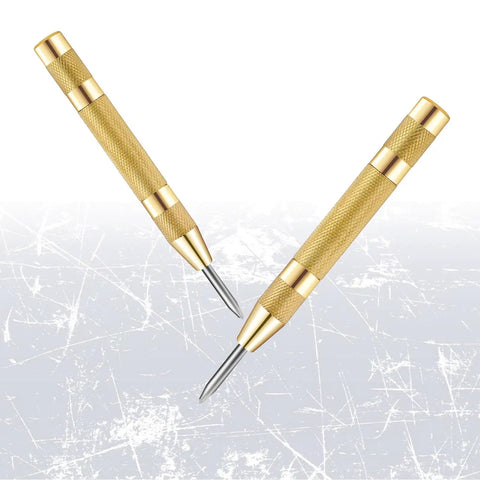 Workhorse 5 Inch Automatic Center Punch Pair Spring Loaded Adjustable Impact Bulletproof Stainless Steel Metal Marker Scriber Hand Tool For Hardcore Machinists And Fabricators on a scratched surface.
