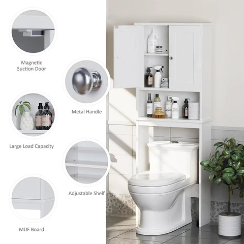 Top Shelf Over The Toilet Storage Cabinet, Slick Bathroom Space Saver Stand With Adjustable Rack And Open Cubby, Moisture Resistant White Finish, Sweet Home Upgrade with magnetic door, metal handle, and sleek design.