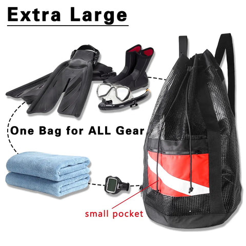 Extra Large Mesh Dive Bag For Scuba Gear And Snorkeling, Oversized Duffle Bag With Heavy Duty PVC Coated Mesh shown with gear