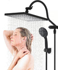 Woman enjoying shower under 10 Inch Rainfall Shower Head And Handheld Combo With 12 Inch Adjustable Curved Arm, Matte Black Finish