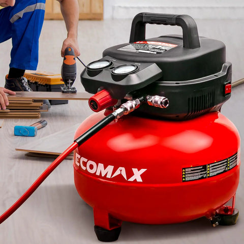 Six Gallon Pancake Air Compressor With 150 Psi Output And 2.6 Cfm Flow, Rock Hard Steel Tank, Padded Carry Strap, Non Slip Base, Hella Reliable Shop Beast For Weekend Grinds And Tailgate Tools In Vibrant Red with user working on wood.