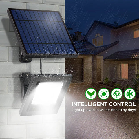 Outdoor Solar Flood Light 6500K Cool White Dope Bright Light in rain, mounted on wall, illuminating yard, 1 Pack.