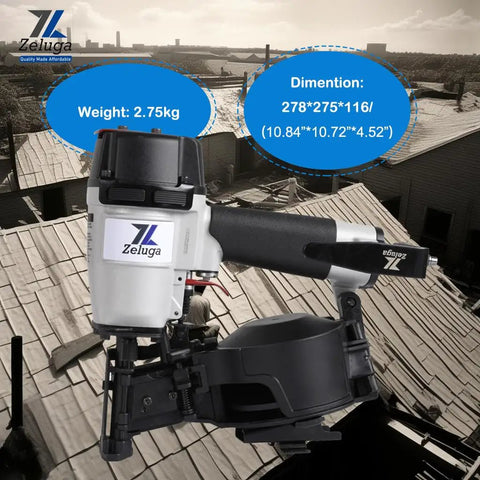 15 Degree Coil Roofing Nailer Kit With 120-Piece Load, Pro Grade Aluminum Body, shown on a rooftop with cityscape background