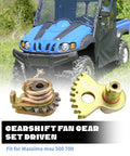 Close-up of gearshift fan gear set components for Massimo MSU 500/700 with blue UTV in background
