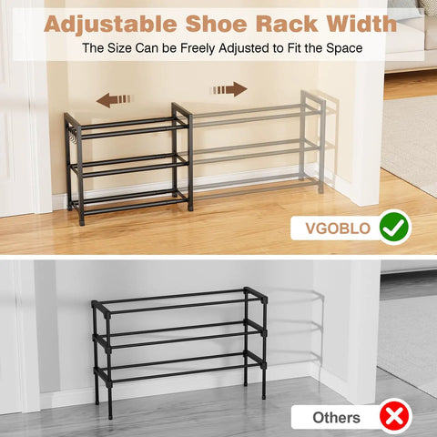 Expandable Shoe Rack With Adjustable Width From 18.5 To 48 Inches, 3 Tier Metal Shoe Organizer for closet and garage demonstration.