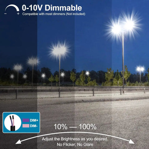 Power Saving 150W LED Parking Lot Light With Dusk To Dawn Sensor, demonstrating dimmable features from 10% to 100% brightness.