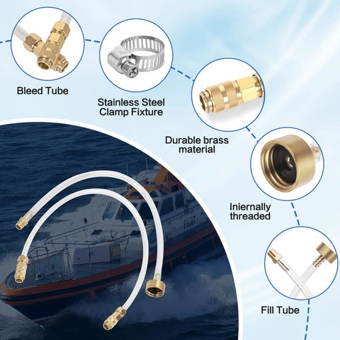 Hydraulic Steering Bleed Kit For Boats With Leak-Proof Cap And Quick-Connect Bottle Thread, durable brass and clear tubes visible