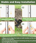 Installation steps for Long Handle Weed Puller Tool 60 Inch Two In One Garden Rake And Hoe with connecting poles and screws.