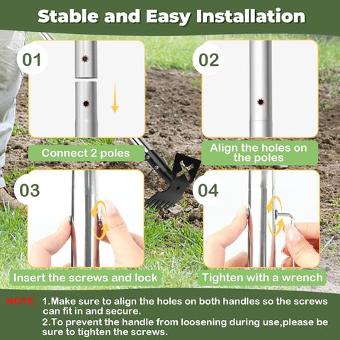 Installation steps for Long Handle Weed Puller Tool 60 Inch Two In One Garden Rake And Hoe with connecting poles and screws.