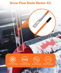 4 Piece 27 Inch Snow Plow Blade Marker Kit for Boss Blizzard Western Sno-Way Meyer Polaris shown on a snow plow blade with orange markers
