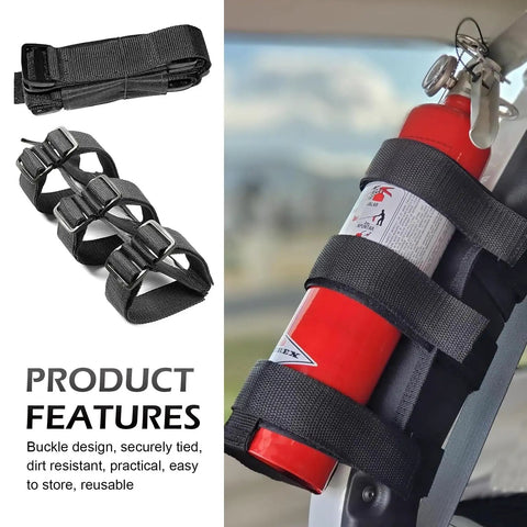 Roll Bar Fire Extinguisher Mount For Jeep Wrangler Models With Adjustable Trunk Strap And Water Bottle Holder installed on roll bar.