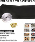 Package contents of Magnetic Screen Door 36 X 82 Inches, Heavy Duty Reinforced Fiberglass Mesh, Black Modern Style, Easy Installation.